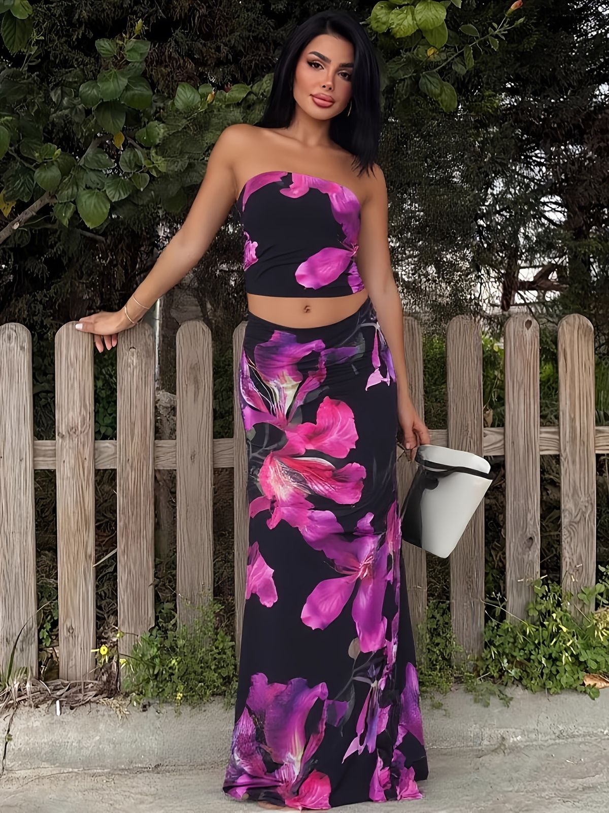 Summer Fashion Hot Girl Printed Vacation Set Sexy Lady Strapless Top High Waist Long Skirt For Women_ecoleips.com