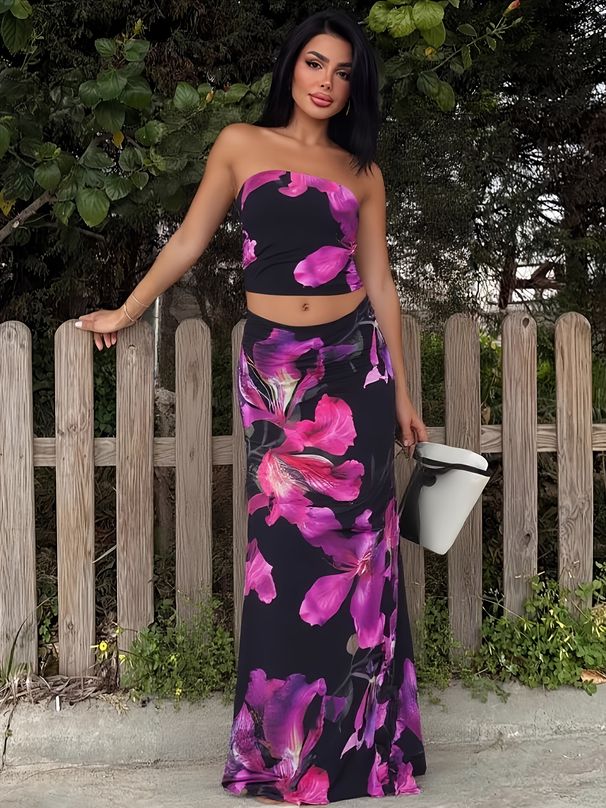 Summer Fashion Hot Girl Printed Vacation Set Sexy Lady Strapless Top High Waist Long Skirt For Women_ecoleips.com