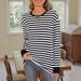 Women's Clothing Autumn And Winter New Striped Contrast Color Round Neck Long Sleeve Loose T Shirt Top_ecoleips.com