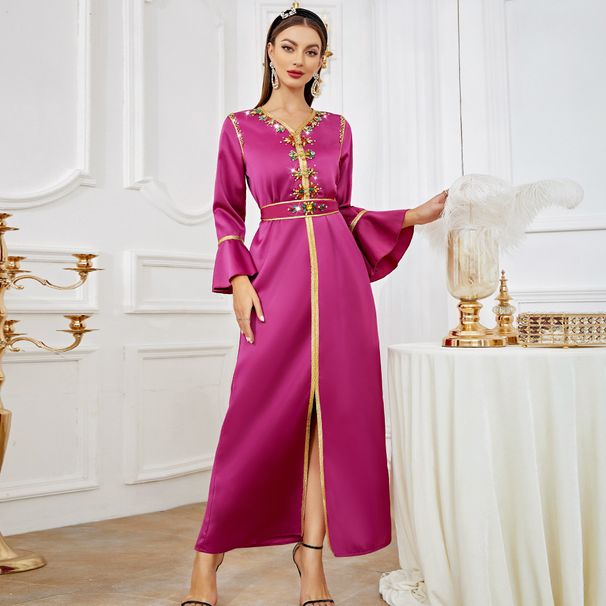Rose Red Hand-Sewn Diamond Dress With Ruffled Cuffs And A Belt For Women's Wear_ecoleips.com
