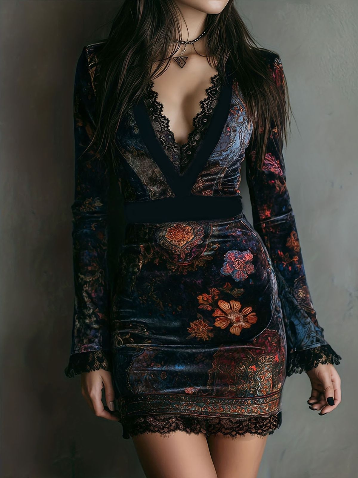 Elegant V-Neck Lace Trim Floral Print Long Sleeve Bodycon Dress - Slim Fit High Waist Sexy Mini Dress For Women_ecoleips.com