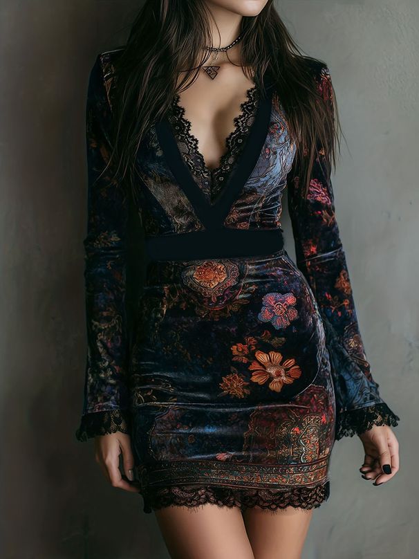 Elegant V-Neck Lace Trim Floral Print Long Sleeve Bodycon Dress - Slim Fit High Waist Sexy Mini Dress For Women_ecoleips.com