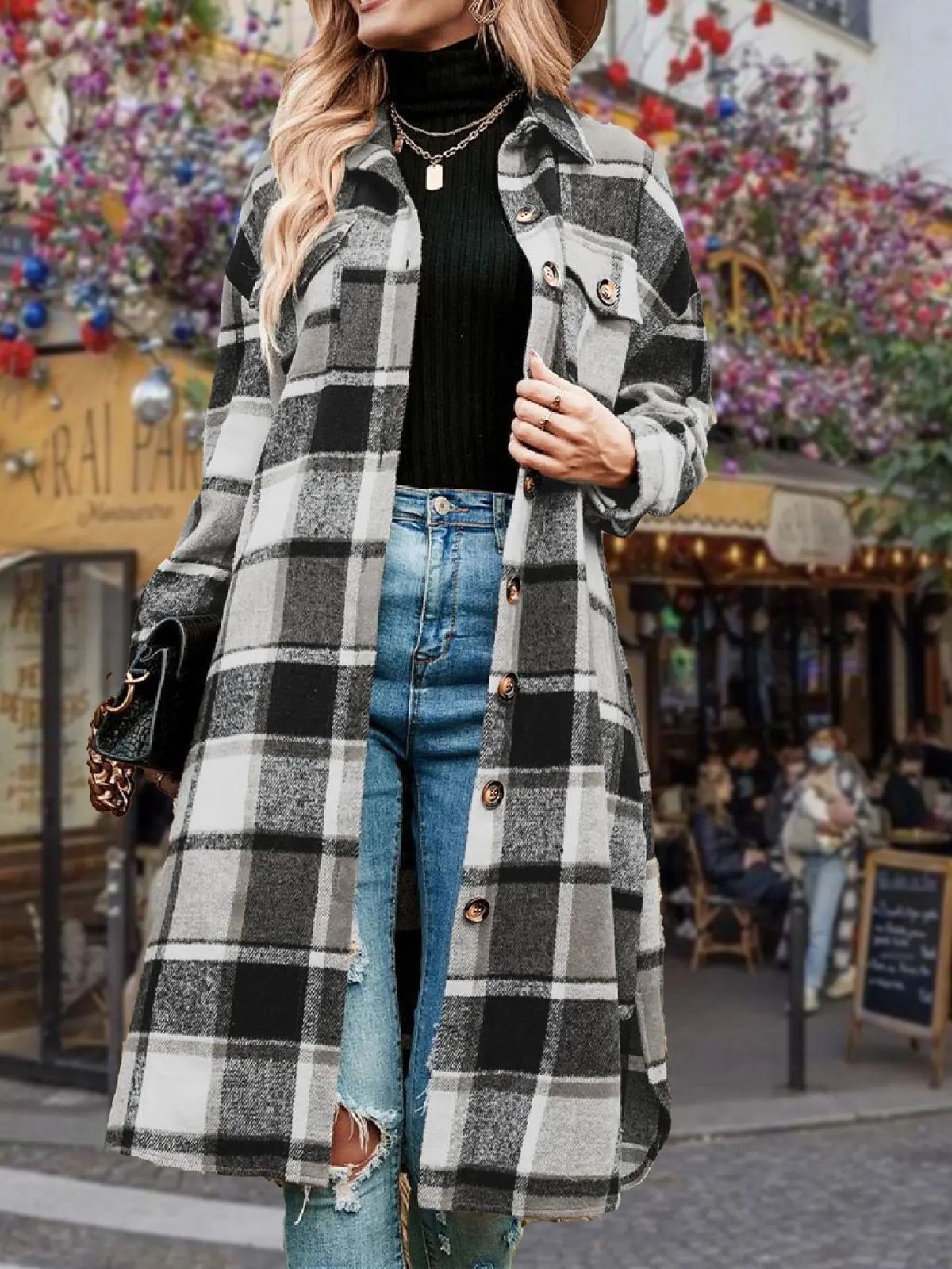 Overseas Trade New Large-size Women's Medium And Long Lazy Loose Autumn And Winter Plaid Long-sleeved Woolen Jacket_ecoleips.com