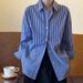 Women's Blue Striped French Style Shirt Loose Fit Versatile Top Sun Protection Elegant Fashion Spring/Autumn Regular Size_ecoleips.com