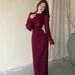 Elegant Wrap Midi Dress With Ruched Waist - Long Sleeve Bodycon Dress In Deep Red & White (S-XXL)_ecoleips.com