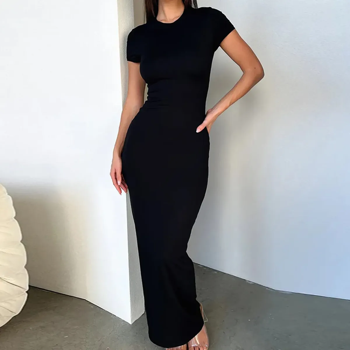 Sexy Skinny Women's Bodycon Party Dress Fashion O-neck Short Sleeve Solid Color Wraped Hip Package Long Dress Female Sexy Dress_ecoleips.com
