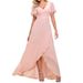 Women's Clothing Double V Neck Backless Chiffon Dress Solid Color Short Sleeved Long Dress Banquet Bridesmaid Evening Dress_ecoleips.com