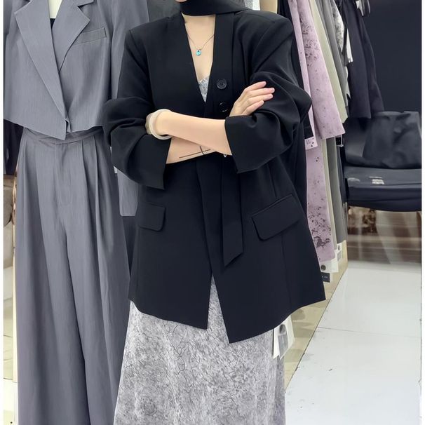 Black Women's Blazer 2026 Spring Fashion New Versatile High-end V-neck Loose Slimming Ribbon Elegant Coat_ecoleips.com