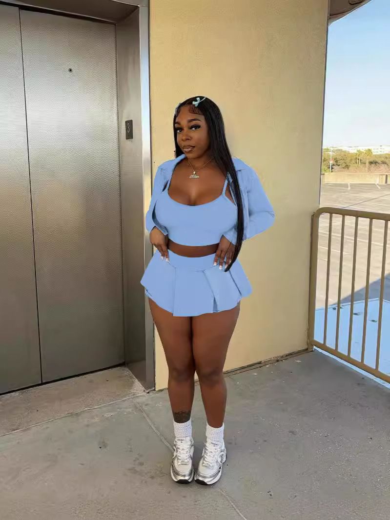 Women's Solid Color Shirt & Vest & Mini Skirt Set – 3-Piece Polyester Outfit (Sky Blue/Pink/Black, S-Xl)_ecoleips.com