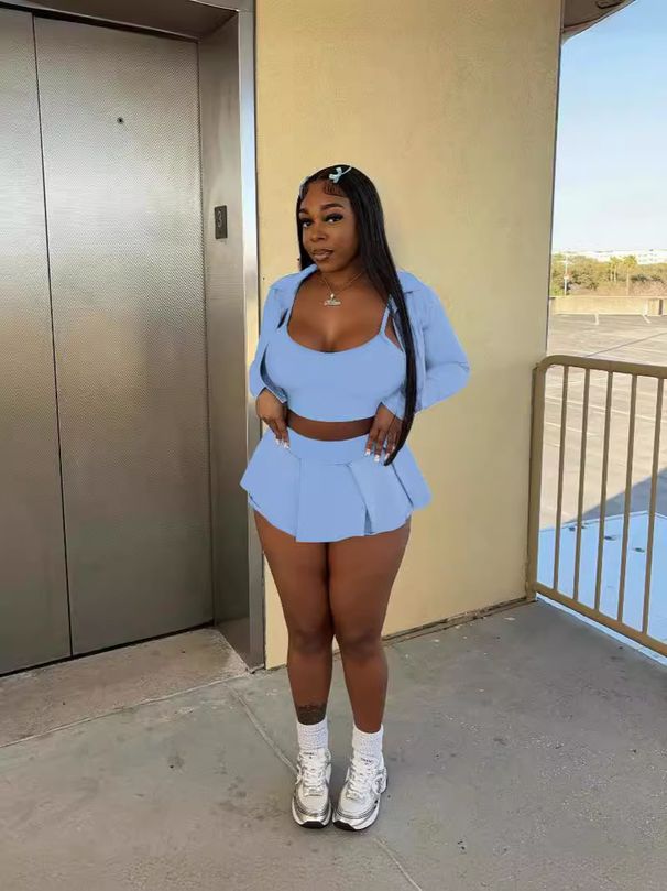 Women's Solid Color Shirt & Vest & Mini Skirt Set – 3-Piece Polyester Outfit (Sky Blue/Pink/Black, S-Xl)_ecoleips.com