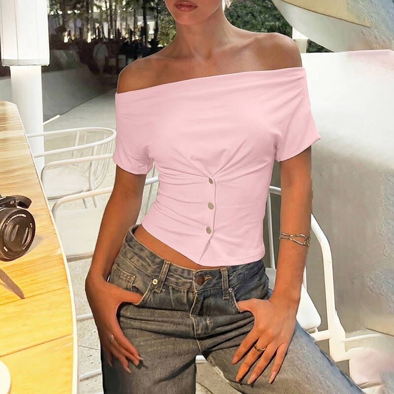 Women's Slim Fit Short Sleeve T-Shirt With Draped Neckline - Trendy Cropped Top For Streetwear & Casual Wear_ecoleips.com