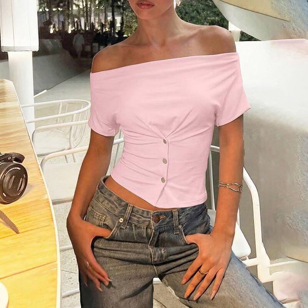 Women's Slim Fit Short Sleeve T-Shirt With Draped Neckline - Trendy Cropped Top For Streetwear & Casual Wear_ecoleips.com