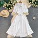 Women's French Style Lace Trimmed Collared Shirt Dress Slimming Belted Waist Summer Long Commuter Friendly Dress_ecoleips.com