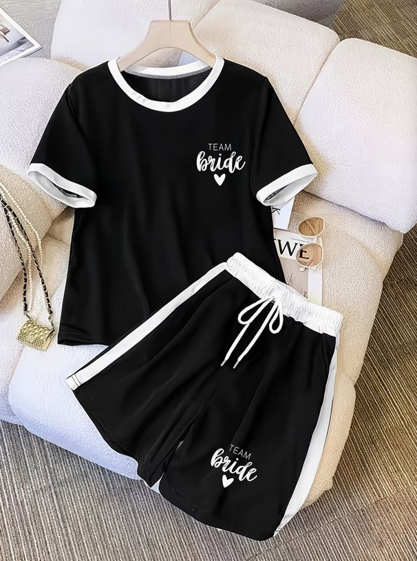 Women's Elegant Letter Print round Neck Tracksuit Short Sleeved Casual Shorts European American Style Cross Border 8010 Pattern_ecoleips.com