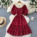 Red Floral Print Pleated Dress Korean Style Summer Puff Sleeves Square Neck High Waist A-Line Skirt for Women Romantic Fashionable_ecoleips.com