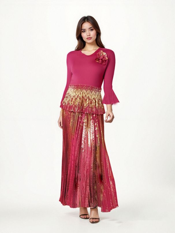25 Summer Dubai Muslim Women's New Fashion Printed Pleated Waist-Cinching Set_ecoleips.com