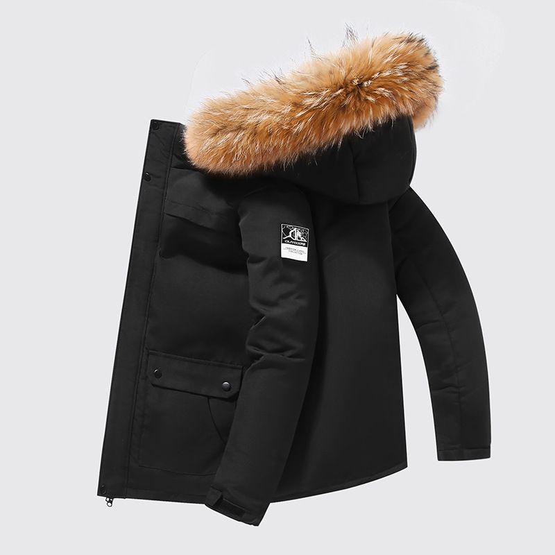 Men's Short Puffer Jacket With Hood & Big Fur Collar - Winter Warm Quilted Coat, Windproof Lightweight, 550 Fill Power Duck Down (Black/White/Red)_ecoleips.com