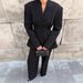 Women's Black V-Neck Pleated Blazer & Pants Set – Tailored Waist-Cinching Suit For Fall_ecoleips.com