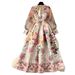 European And American Court Style Temperament Retro V Neck Mesh Lantern Sleeves Tie Waist Design Large Swing Print Dress_ecoleips.com