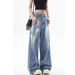 Women's Graffiti Print Denim Jeans – High Street Style, Loose Fit Straight Leg With Slight Flare_ecoleips.com