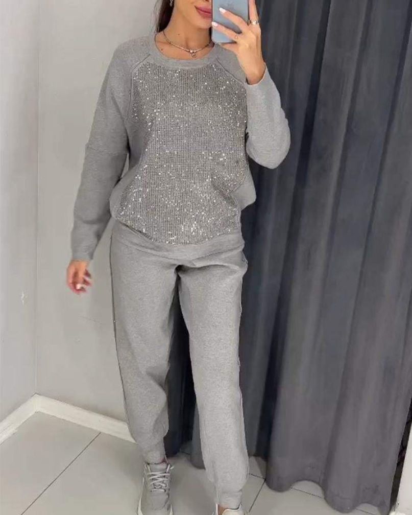 2024 European American Hot-Selling Spring And Autumn Fashion Casual Solid Color Rhinestone Long Sleeve Round Neck_ecoleips.com