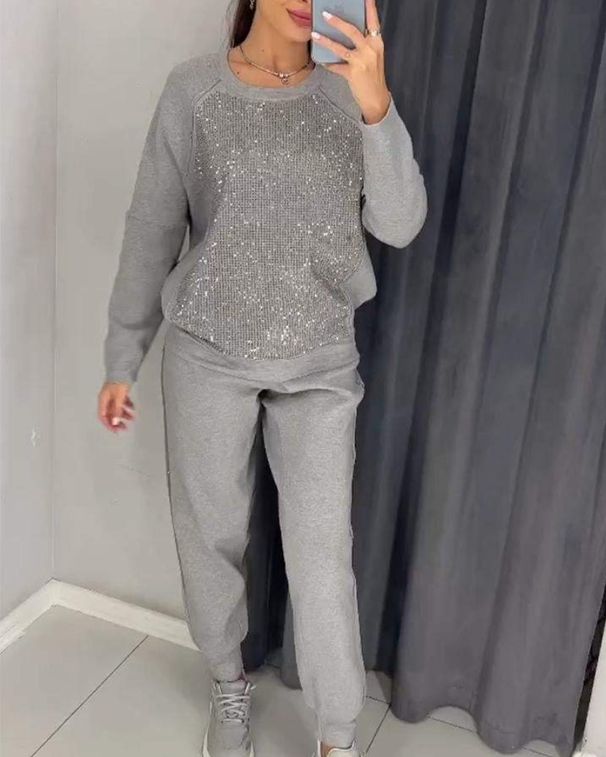 2024 European American Hot-Selling Spring And Autumn Fashion Casual Solid Color Rhinestone Long Sleeve Round Neck_ecoleips.com