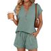 Women's Clothing Summer New Arrival V Neck Short Sleeved Two Piece Set Casual Fashionable American Style Shorts_ecoleips.com