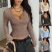 Women's Ribbed Knit Sweater – Slim Fit V-Neck Long Sleeve Top (Stretchy Polyester Blend, Soft Layering Essential, Fall/Winter Fashion)_ecoleips.com