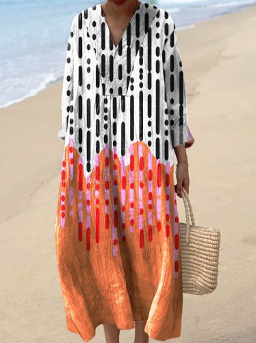 Elegant Long Sleeve Floral Print Shirt Dress For Women, V-Neck Casual Loose Fit Dress, Stretchy Polyester Blend, Plus Size (XS-5XL)_ecoleips.com