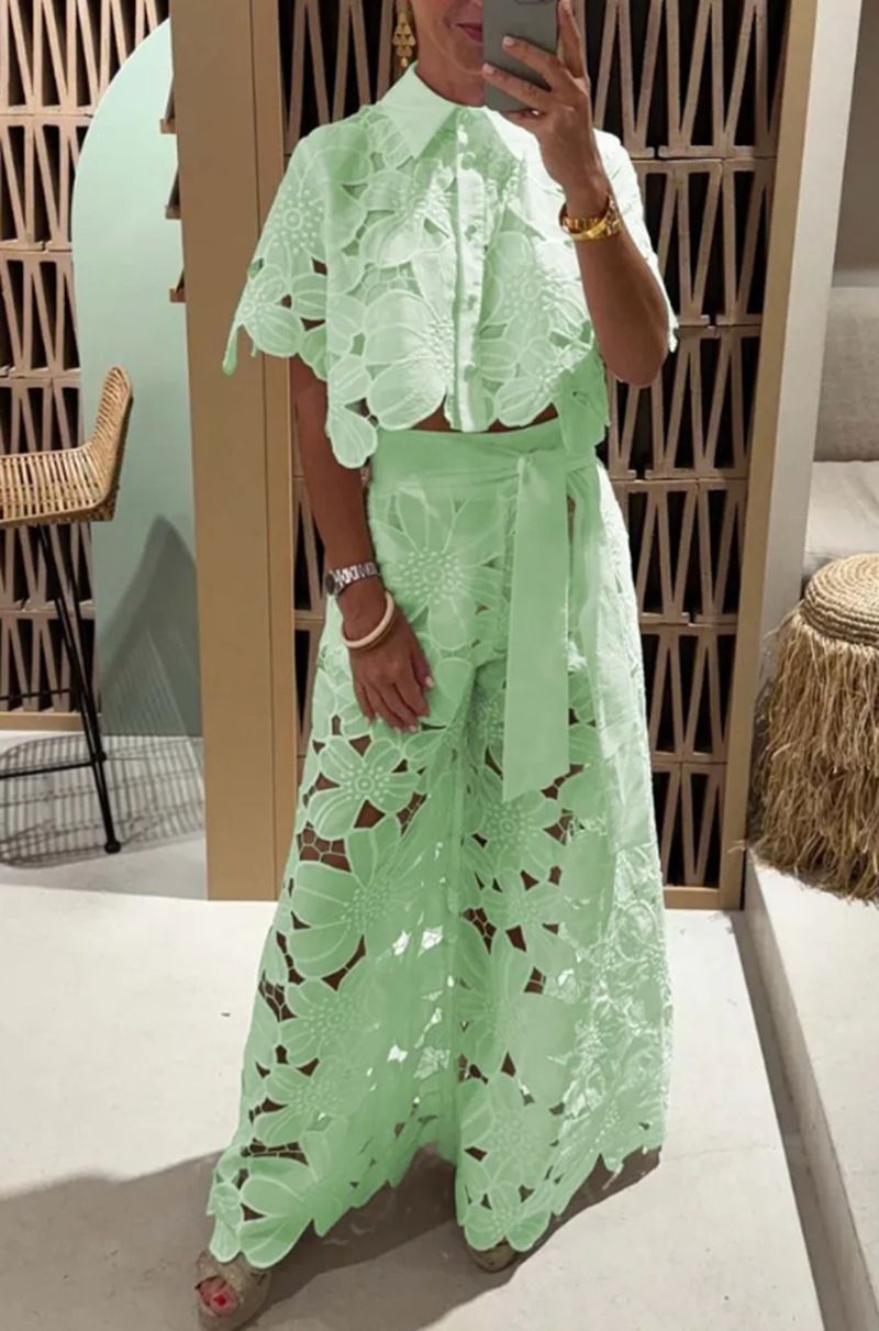 Summer New Arrival Women's Two Piece Set Sexy Hollow out Cardigan Top And Wide Leg Pants Solid Color European And American Style_ecoleips.com