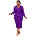 Plus Size V-Neck Long Sleeve Dress – Elegant Rhinestone & Ruffle Evening Gown For Women (0XL-4XL, Purple/Red/Blue)_ecoleips.com