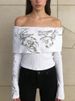 Sweet And Cool off Shoulder White Ribbed Knit Printed Slim Fit Long Sleeve Women's Top for Wholesale New Cross Border Export Product_ecoleips.com