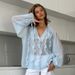 Women's Clothing French V Neck Shirt Spring Summer Ruffled Tie Up Lantern Sleeve Semi Sheer Thin Top_ecoleips.com