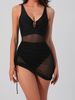 Black Mesh One-Piece Swimsuit With Skirt 2 Piece Set Women V Neck Gold Buckle Tummy Control Bathing Suit Summer Beachwear_ecoleips.com