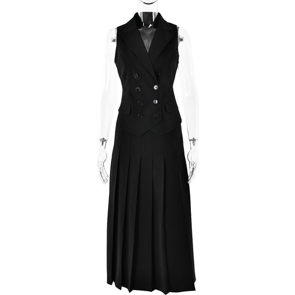 Women’s Clothing Autumn Temperament Elegant New Long Skirt Suit Sleeveless Vest Pleated Long Skirt Two Piece Suit_ecoleips.com