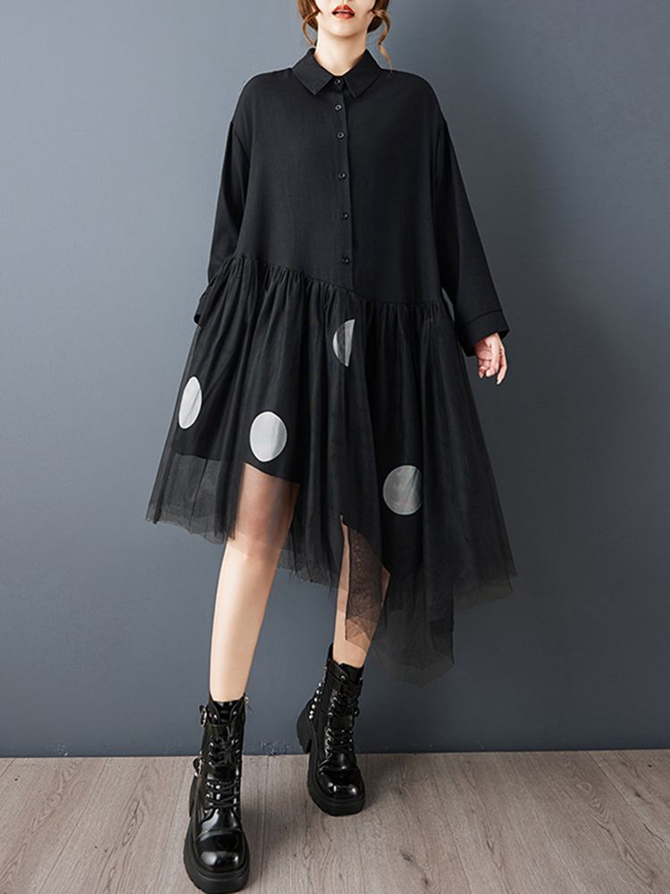 Patchwork Mesh Vintage Polka Dot Dresses For Women New Long Sleeve Loose Casual Shirt Dress Elegant Clothes Spring Autumn 2026_ecoleips.com