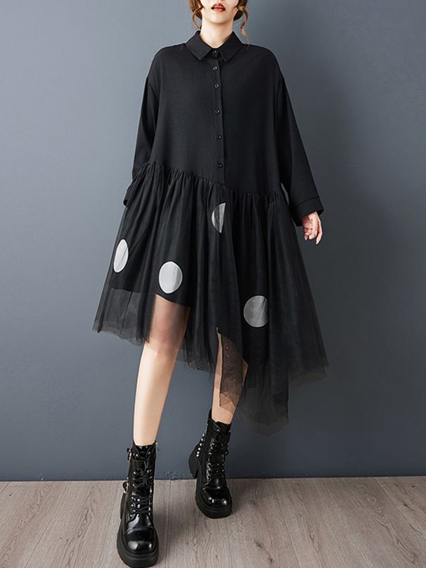 Patchwork Mesh Vintage Polka Dot Dresses For Women New Long Sleeve Loose Casual Shirt Dress Elegant Clothes Spring Autumn 2026_ecoleips.com