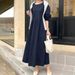 Muslim Dress Women Bohemian Denim Maxi Dress – Round Neck Long Sleeve Loose Fit Casual Elegant Dress (Black/Navy Blue/Bluish, S-2XL)_ecoleips.com