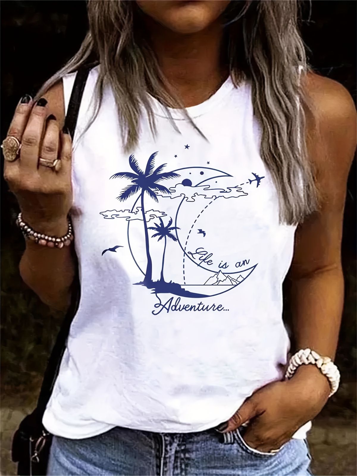 Women's Summer Coconut Tree Print Large Casual Sleeveless Loose Tank Top T-shirt_ecoleips.com