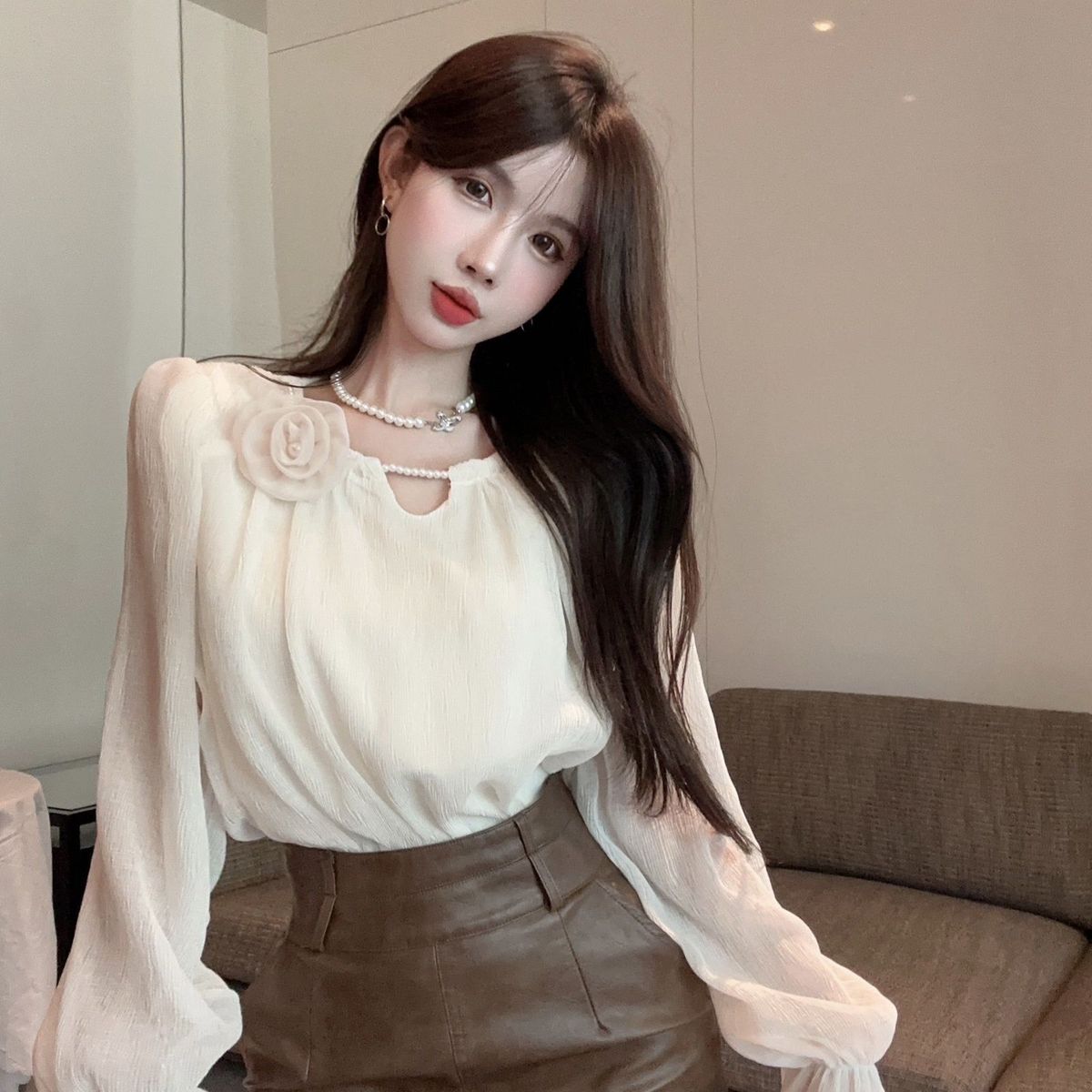 Spring Autumn French-style Sweet And Spicy Long-sleeve Chiffon Blouse For Women, High-end Design, Unique Loose-fitting_ecoleips.com