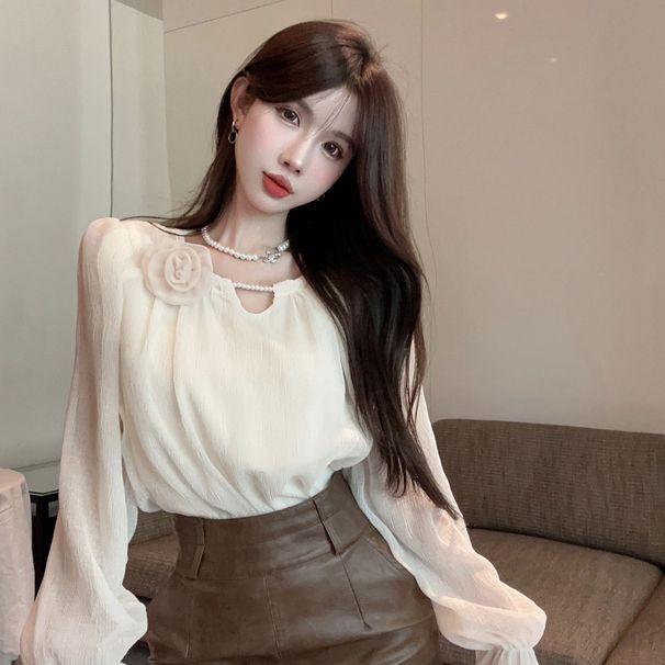 Spring Autumn French-style Sweet And Spicy Long-sleeve Chiffon Blouse For Women, High-end Design, Unique Loose-fitting_ecoleips.com