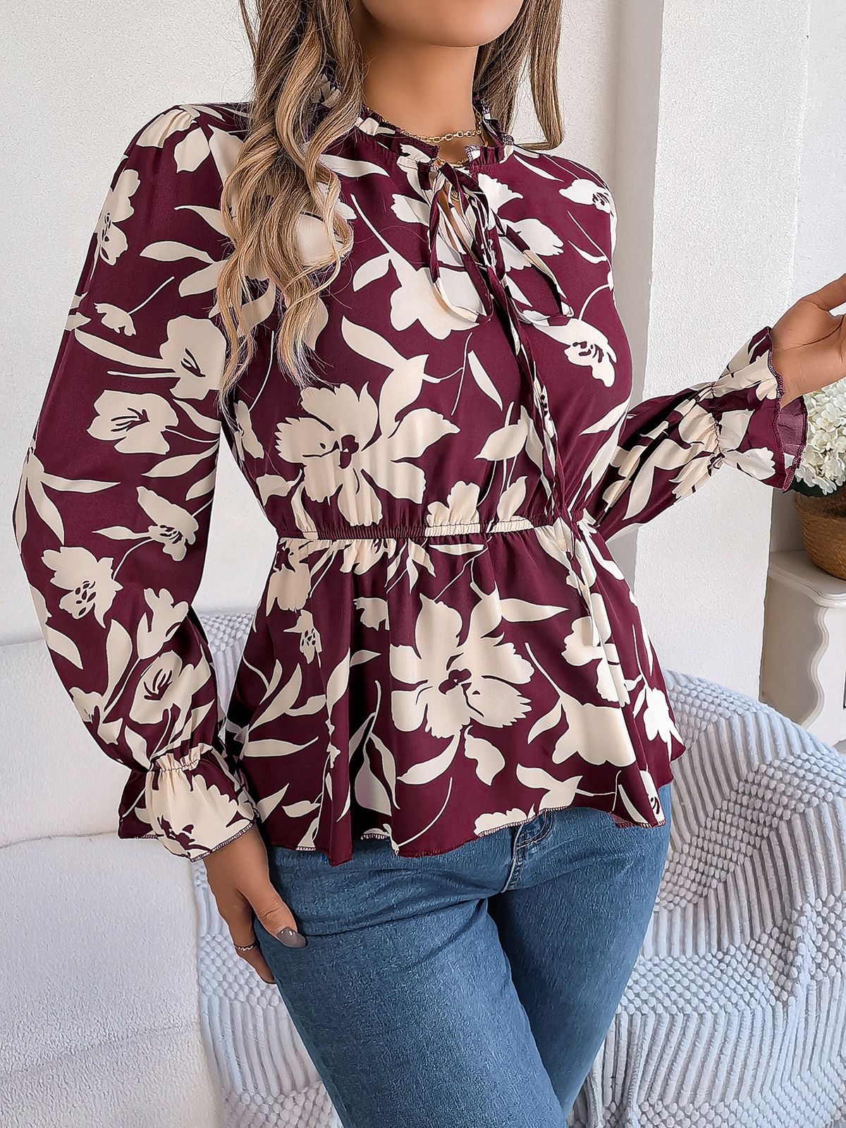Women's Clothing Spring And Summer Casual Floral Lace Long Sleeve Chiffon Shirt Top_ecoleips.com