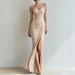 Women's Pleated Waist Cinching High Slit Bodycon Dress Long Sleeved Evening Mesh Independent Website Cross Border Bestseller 2026_ecoleips.com