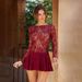 Women Elegant Long Sleeve Mini Dress, Classic Crew Neck, Hollow‑Out Lace Patchwork, Ruffle Hem Detail, Slim‑Fit Silhouette_ecoleips.com