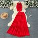 Women's Clothing V Neck Halter Neck Twist Waist Halter Top + A High Waisted Skirt_ecoleips.com
