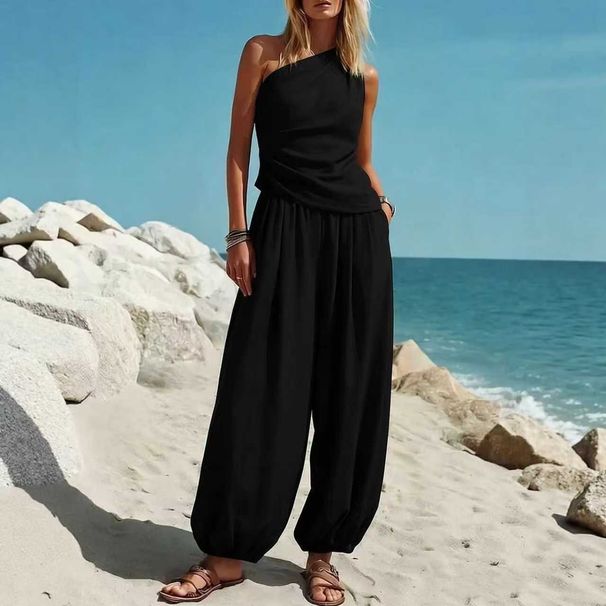 Summer New European American Cross-border Casual Simple Style Solid Color Sleeveless Vest And Loose High-waisted Long_ecoleips.com