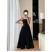 Slit Design Camisole For Women Summer New Hepburn Style Waist-Cinching Slimming Mid-Length Little Black Dress_ecoleips.com
