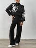 Elegant Women's Autumn Winter Outfit - Embroidered Ribbon Lantern Sleeve Sweater With Wide Leg Pants Set_ecoleips.com