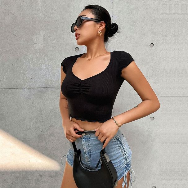 Voya Women's V-neck Pleated Slim Fit Pleated T-shirt With Elastic Exposed Belly Button Solid Color Ultra Short Sleeved Top_ecoleips.com