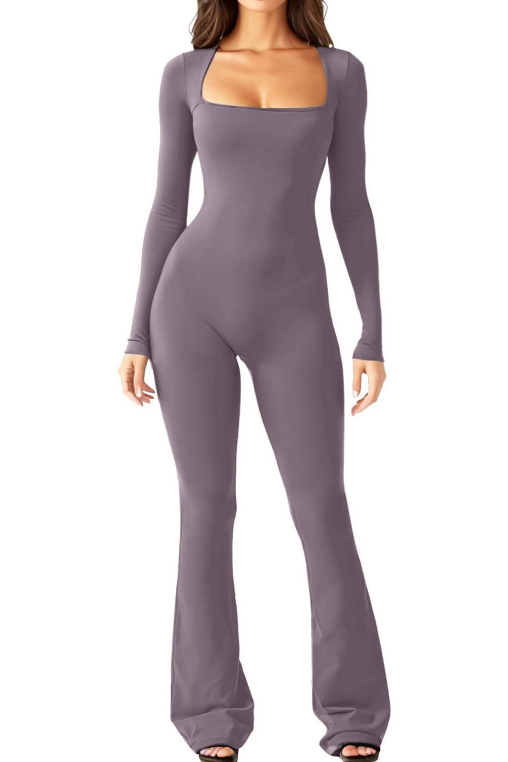 Women's Long Sleeved Jumpsuit Tummy Control High Elastic Wide Leg Square Neck Hip Lifting Cinching Waist Summer Jumpsuit_ecoleips.com